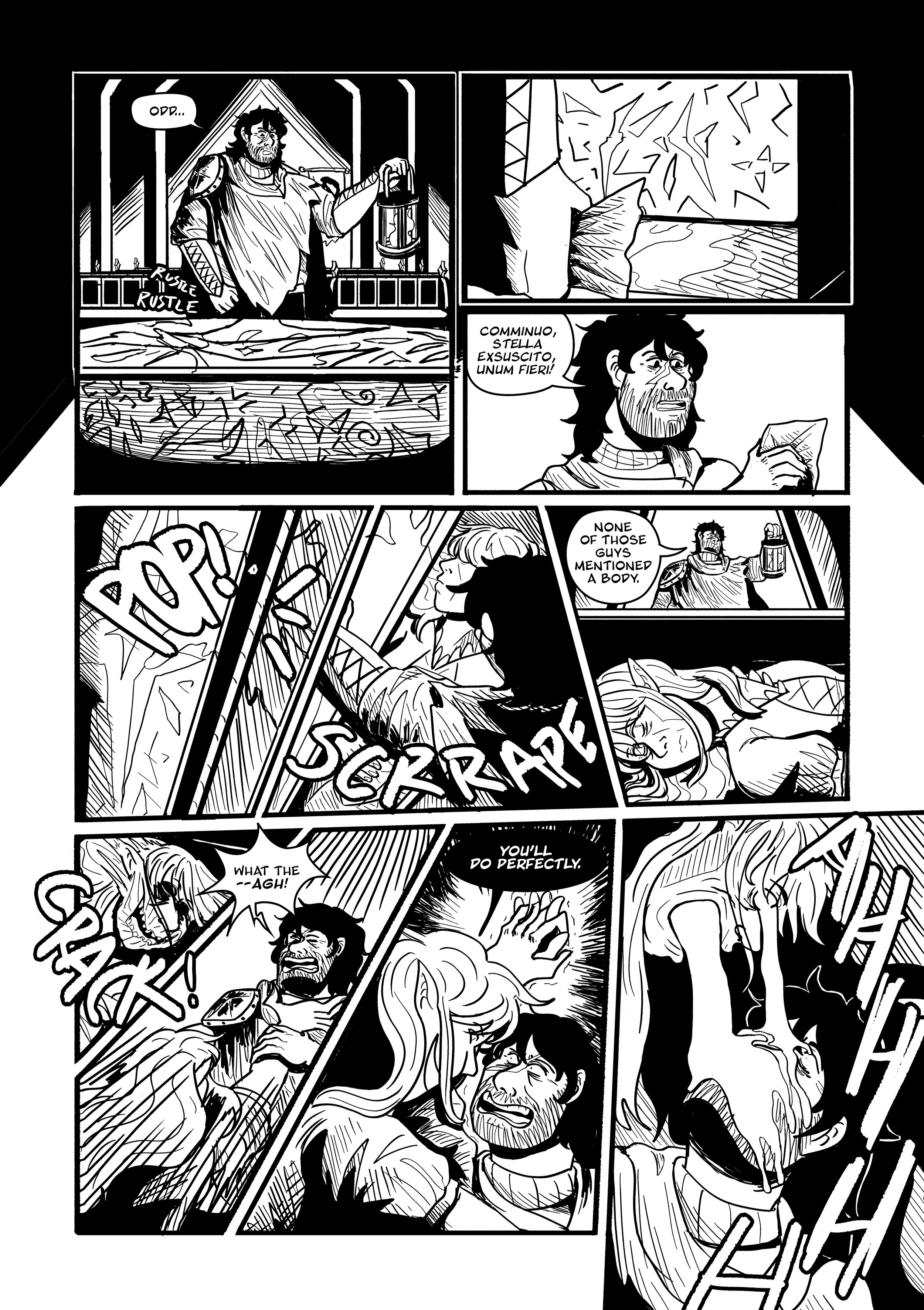 Black and white comic panel shows a knight and a young girl in a battle scene, with aggressive actions and expressions indicating a fight.