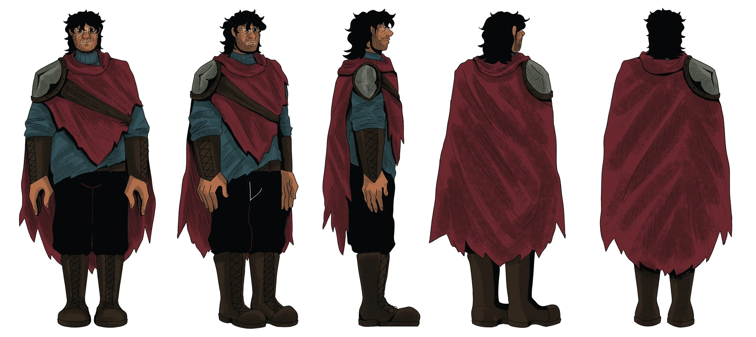 Character concept art showing five views of a male character with black, shaggy hair, a beard, and a rugged appearance. He wears a blue long sleeve shirt under a tattered red cloak, black pants, and brown boots. His outfit has armor pieces on his shoulders and forearms.