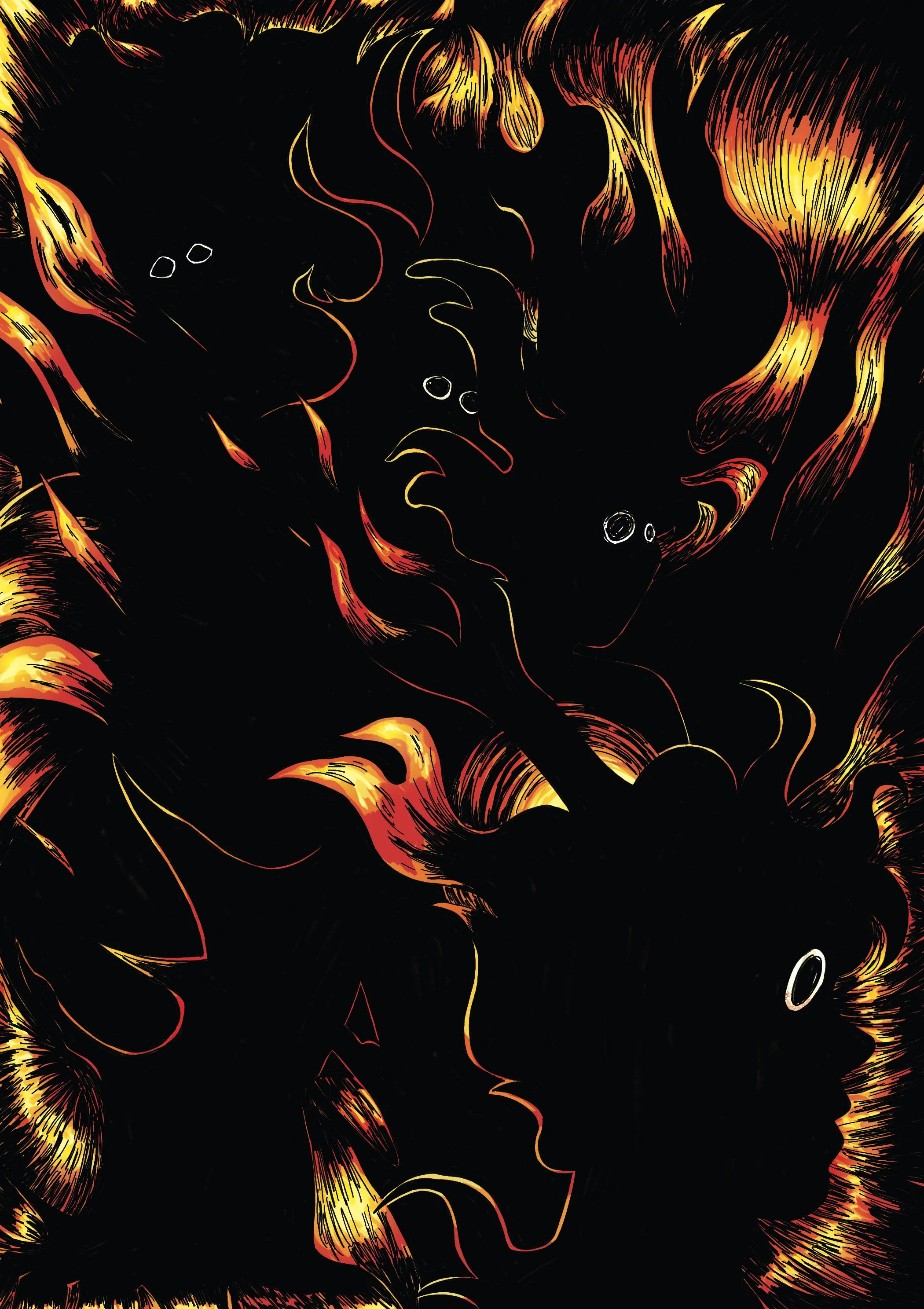 Abstract illustration of a woman and a man with floral patterns in red, yellow, and orange hues on a black background, depicting an intimate moment.