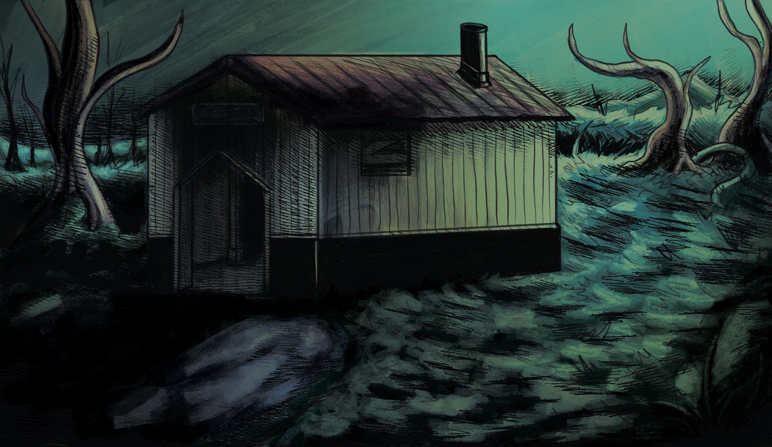 Dark, eerie illustration of a small house with a chimney, surrounded by twisted, barren trees, under a gloomy, swirling sky.