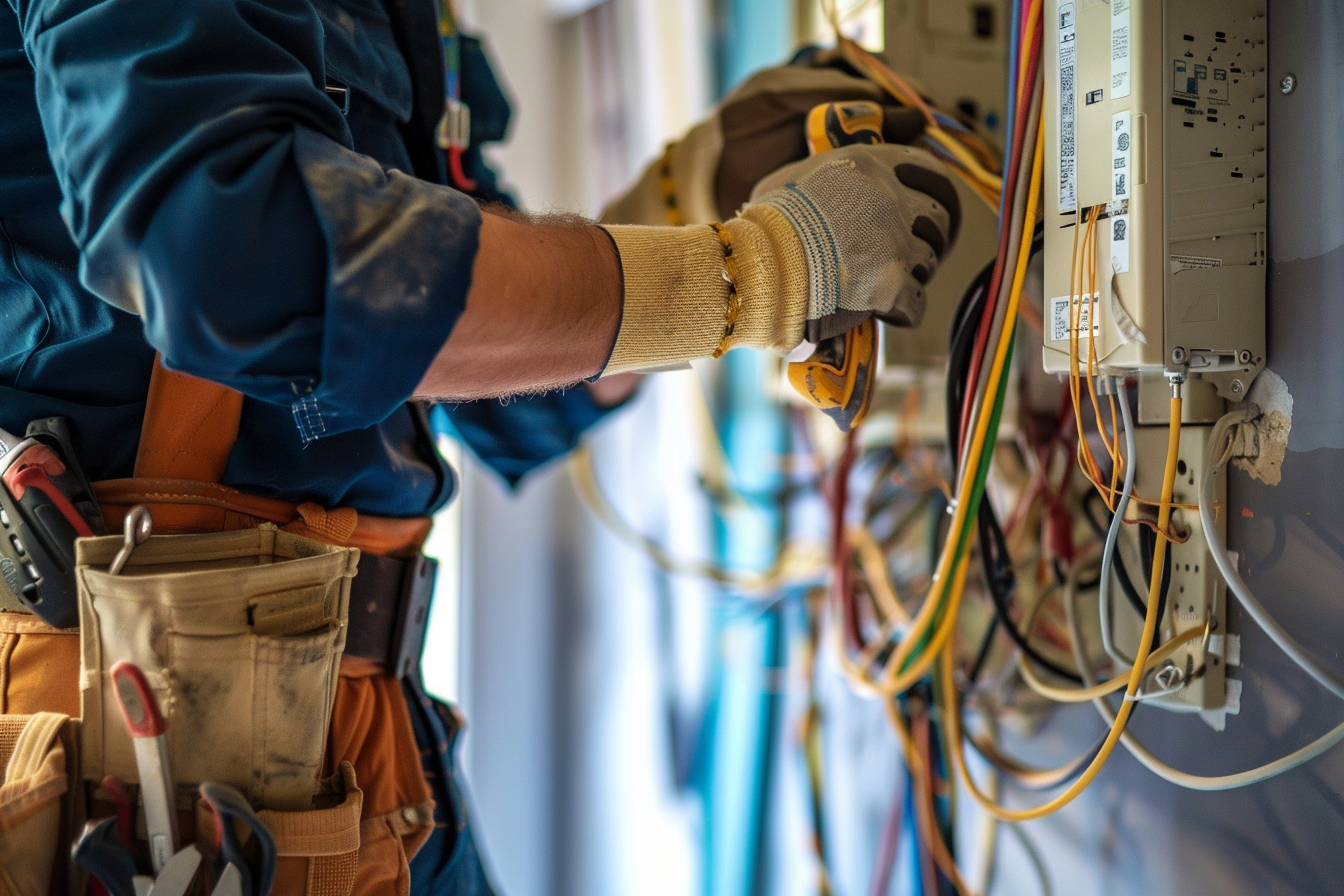 Electrician working on indoor wiring, wearing work gloves, tool belt, and blue work shirt, fixing electrical panels with multiple colored wires.