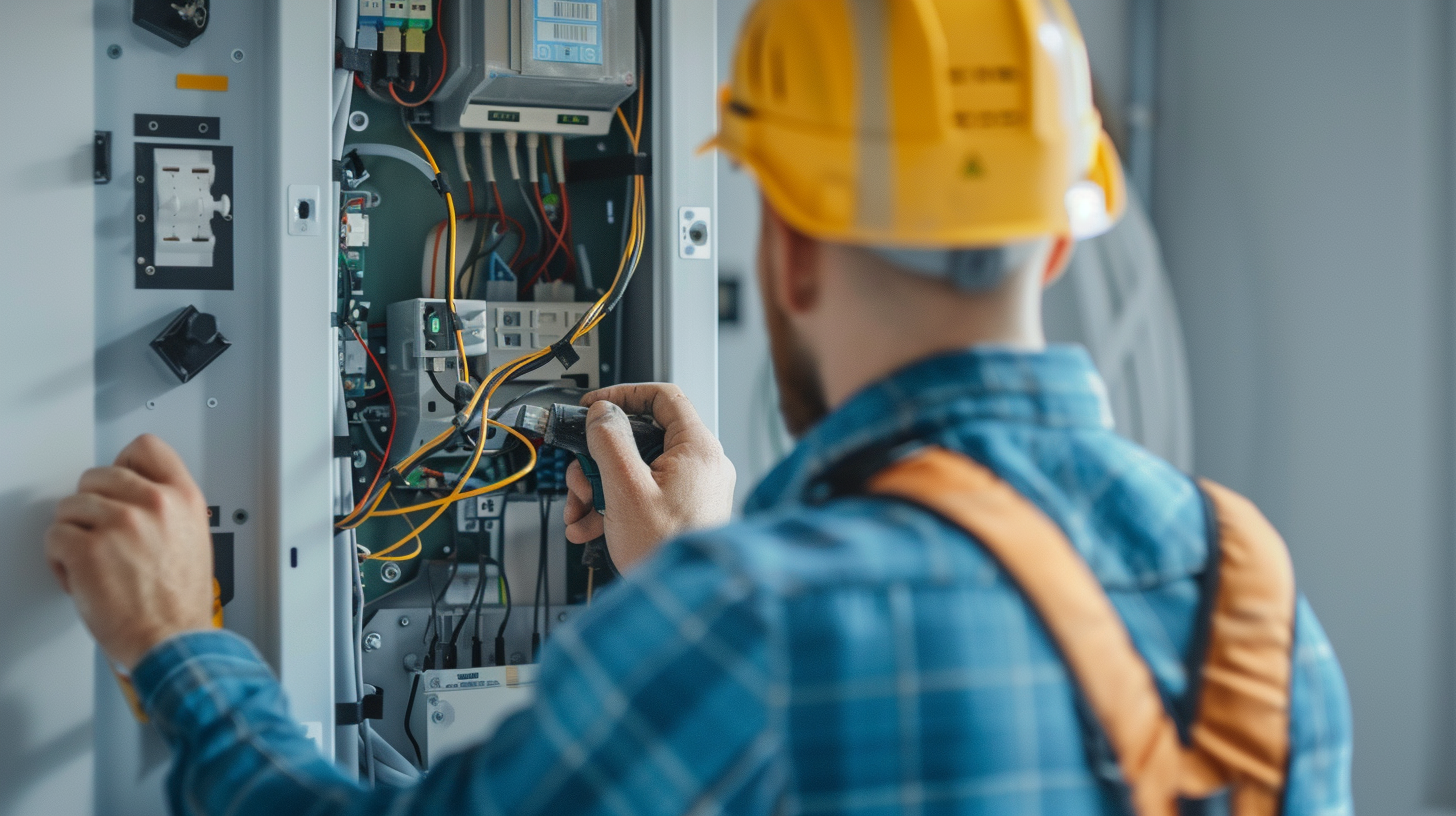 A technician wearing a yellow hard hat working on an electrical panel with various wires and components.