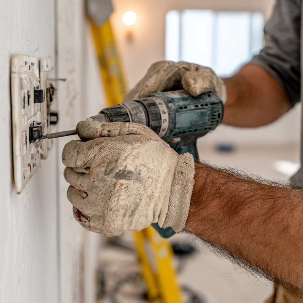 A person wearing work gloves using a power drill to install or repair electrical outlets on a wall.