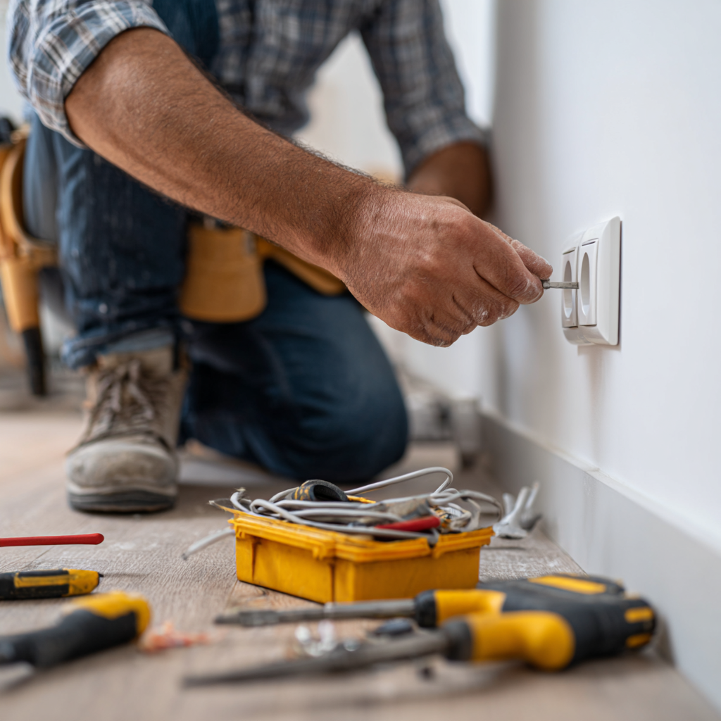 A person kneeling on the floor installing or repairing an electrical outlet, with tools and a yellow toolbox nearby.
