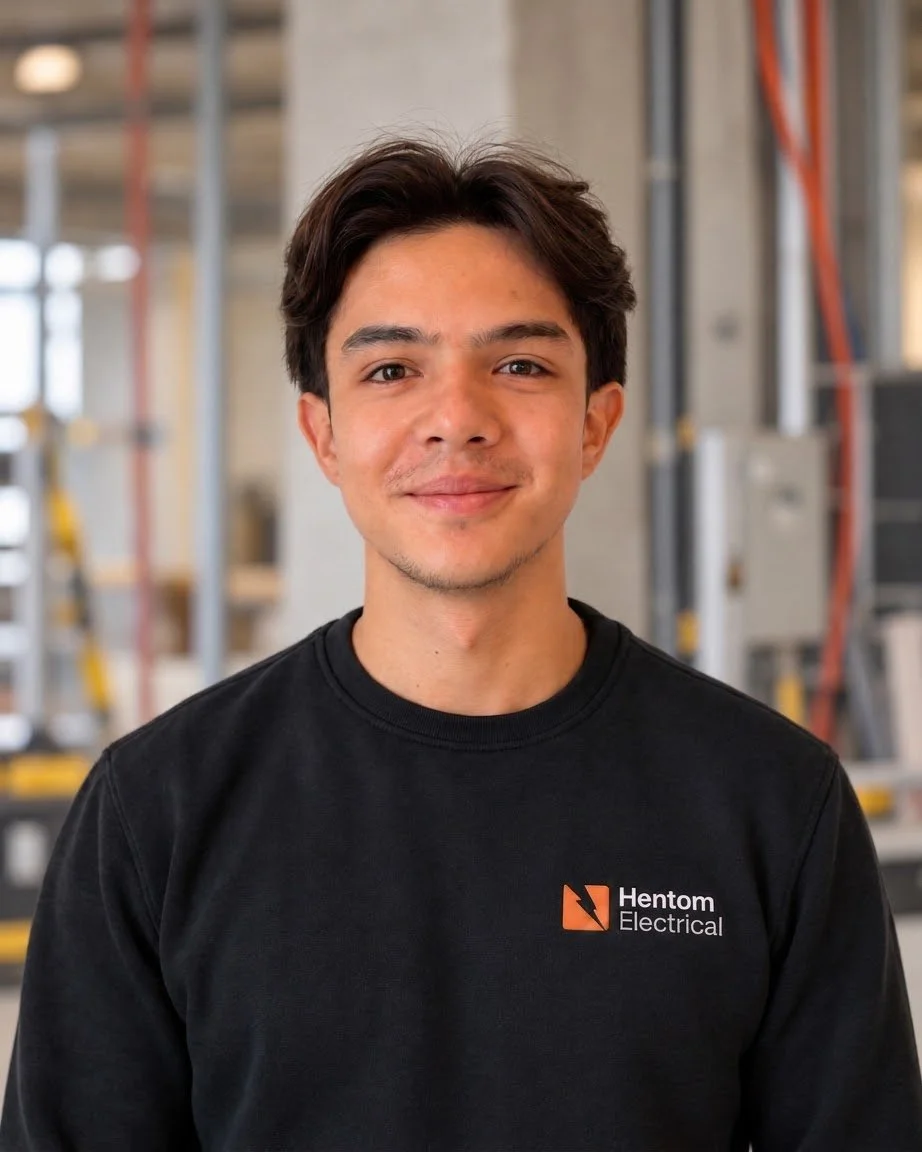 A young man in a black shirt with the logo 'Henton Electrical,' standing inside a construction or electrical work site.