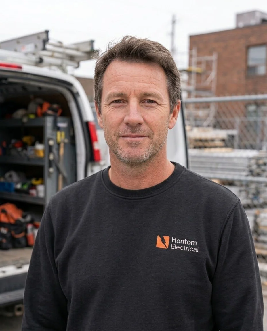 Man standing outdoors near an open utility van with tools, wearing a black shirt with 'Henton Electrical' logo, in front of construction site or building with scaffolding.