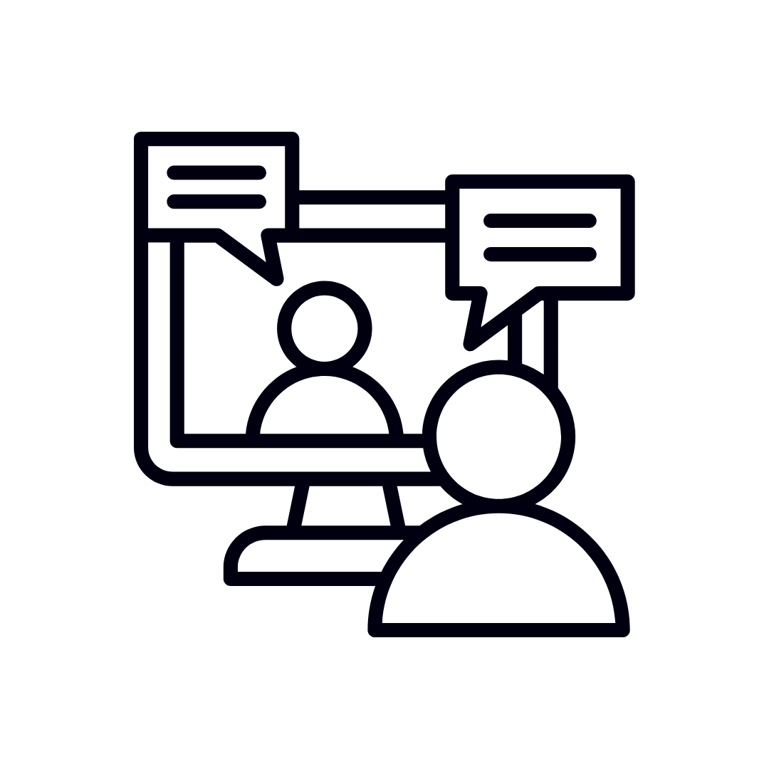 Line art icon of a person on a video call with another person, with speech bubbles indicating conversation.