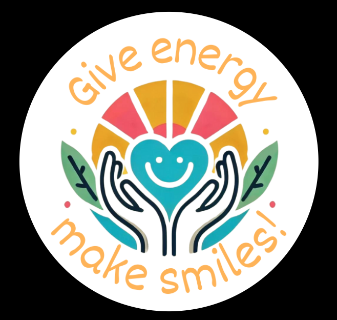 A colorful logo with the text 'Give energy, make smiles!' surrounding a blue heart with a smiling face, held by two hands, with a rainbow and green leaves in the background.