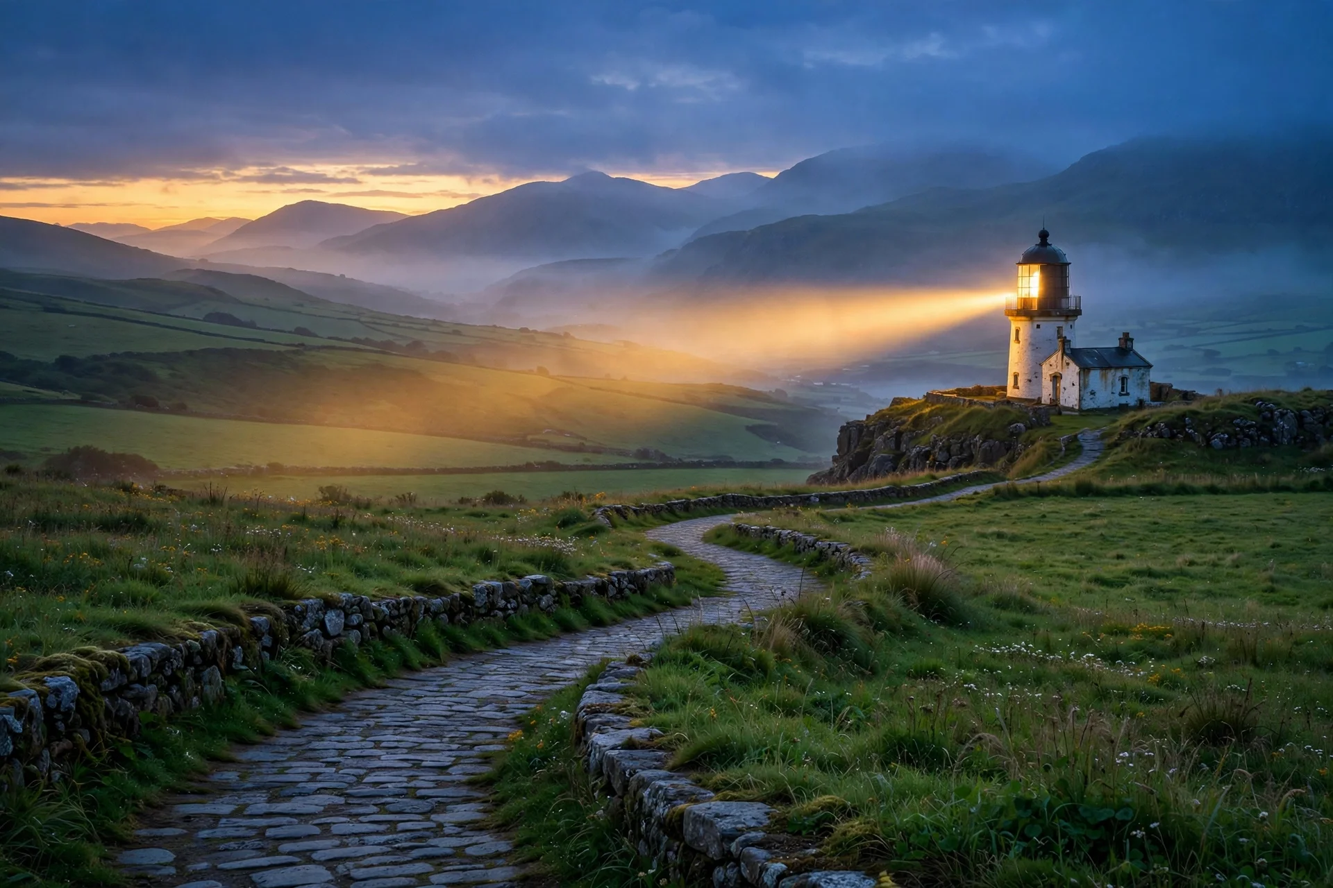Lighthouse beam shining over a winding path at dusk
