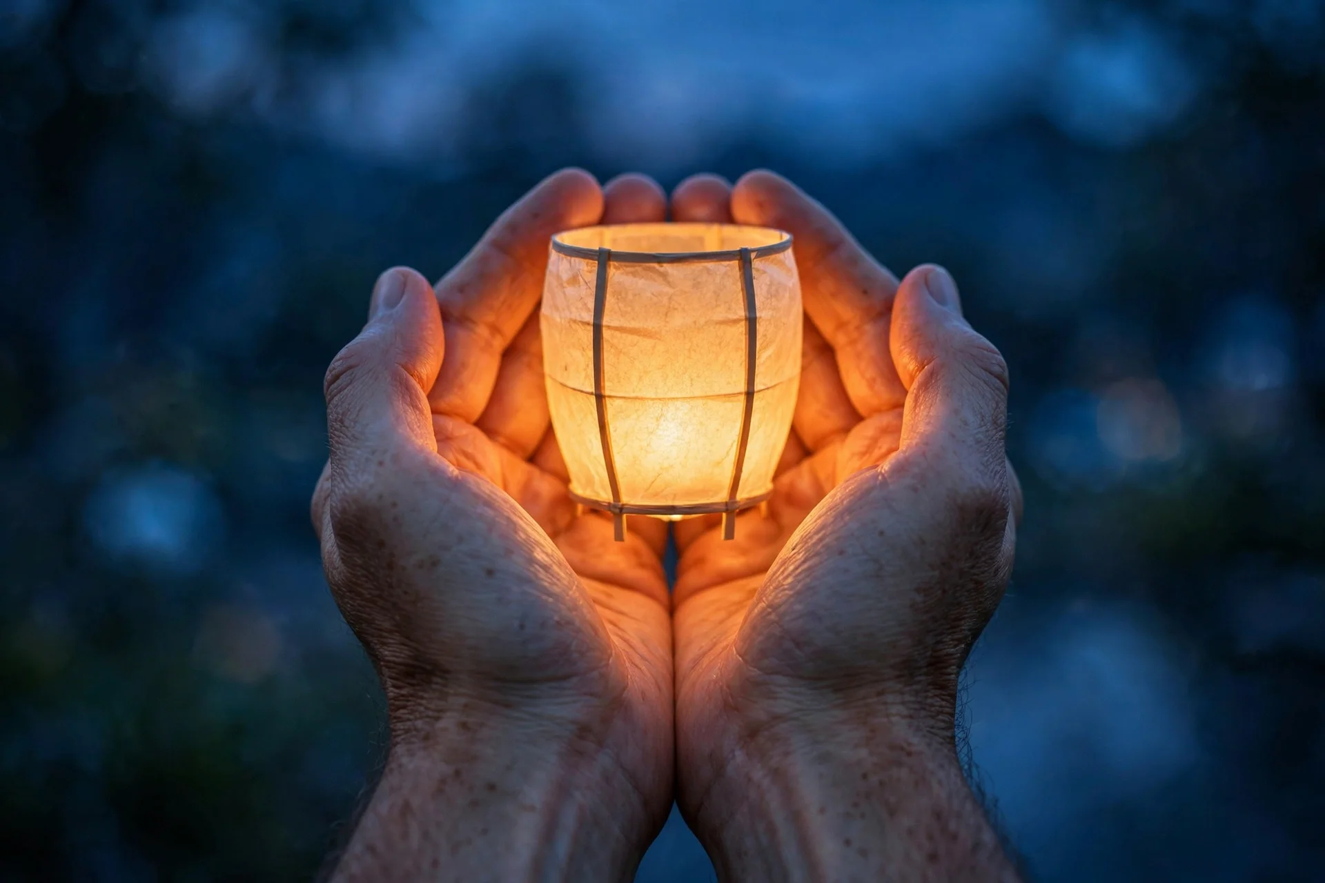 Hands holding a glowing paper lantern at dusk