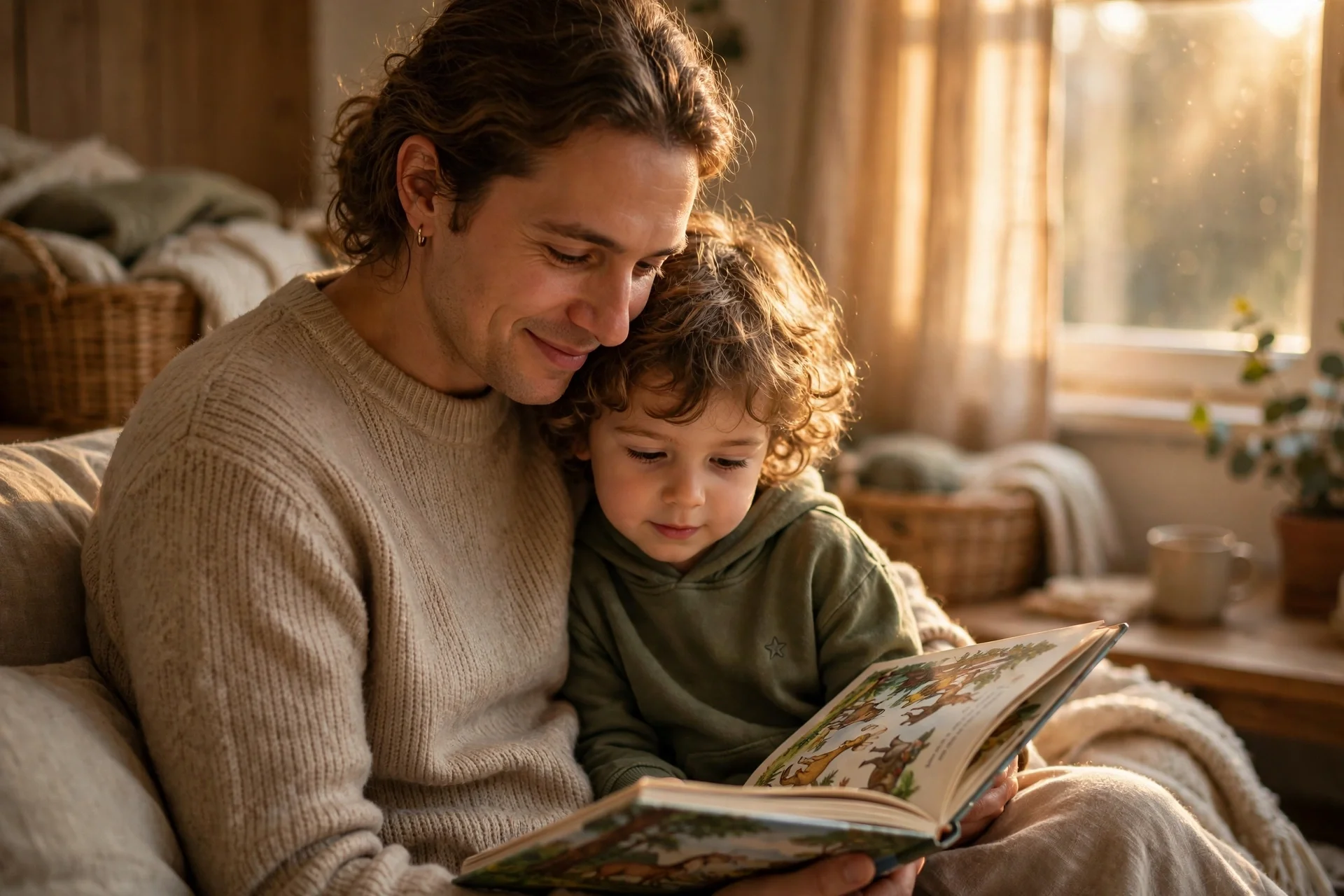 Parent and child reading together in warm light
