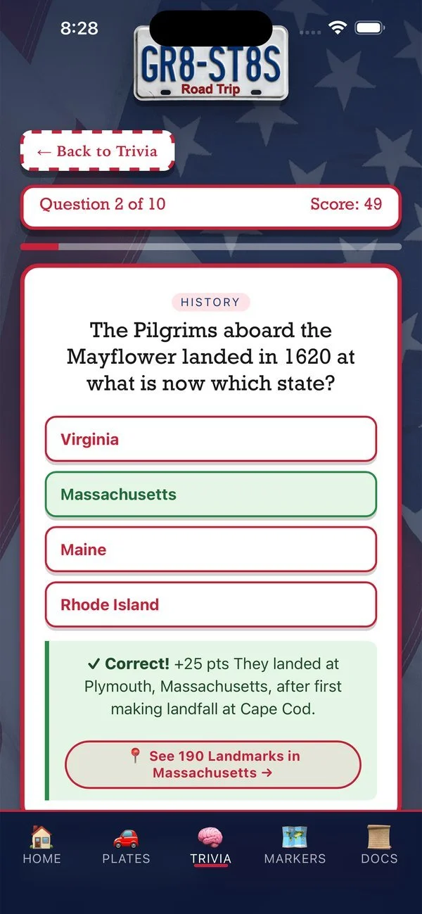 A GR8-ST8S history trivia question about the Mayflower