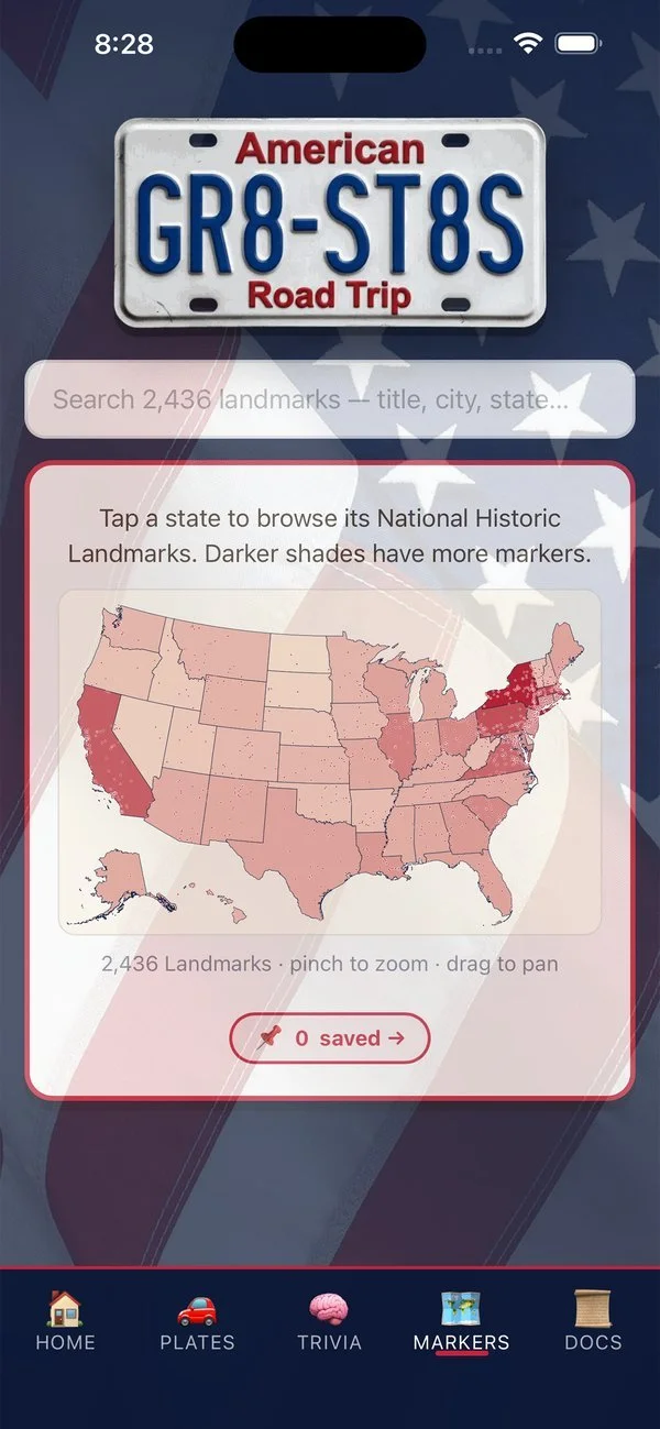 Map of the United States shaded by number of historic landmarks