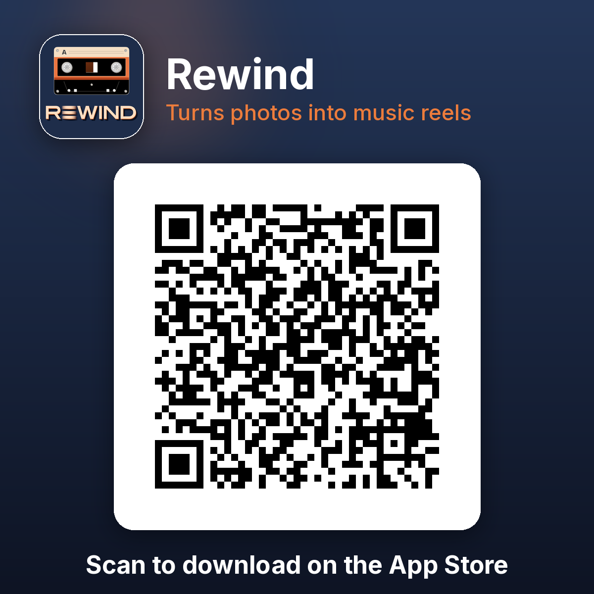 QR code: scan with your iPhone camera to download Rewind on the App Store