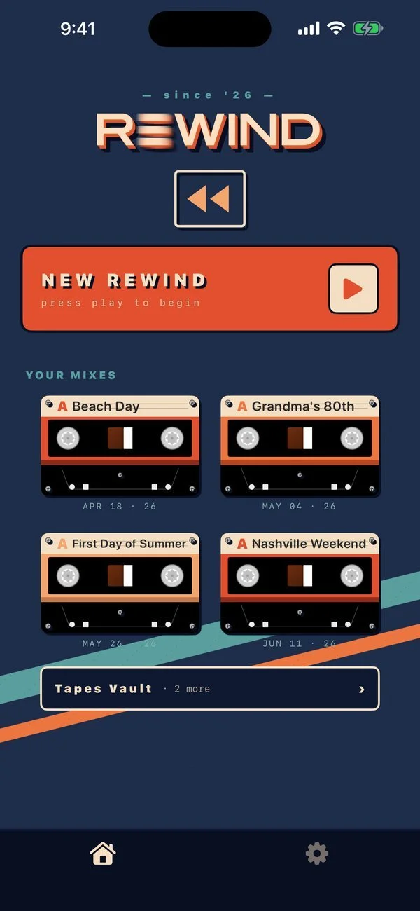 Rewind home screen with a row of cassette tapes