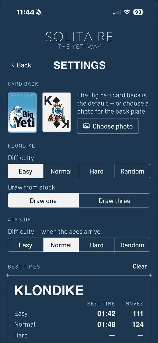 Solitaire settings with card back, difficulty and best times