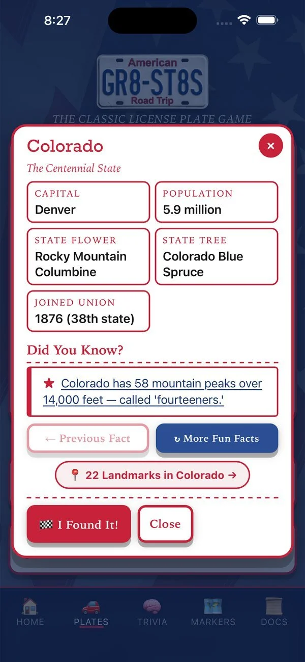 Colorado state card with capital, population and fun facts