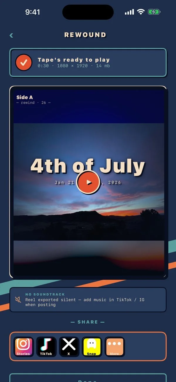A finished Rewind tape with share buttons