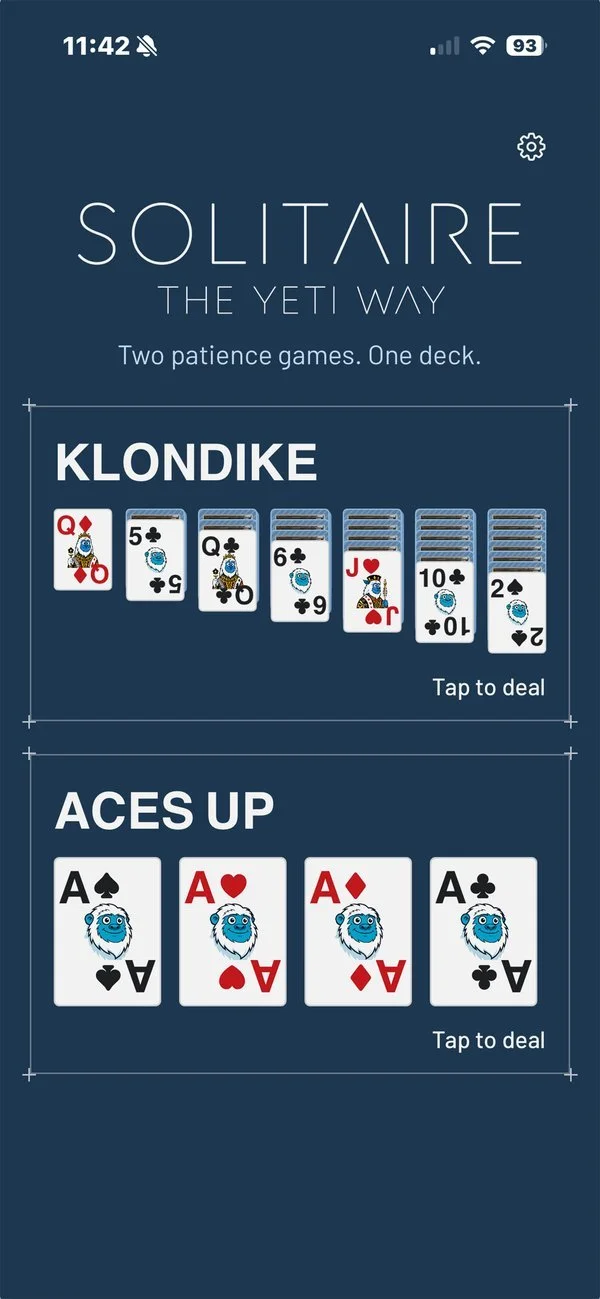 Solitaire – The Yeti Way menu with Klondike and Aces Up