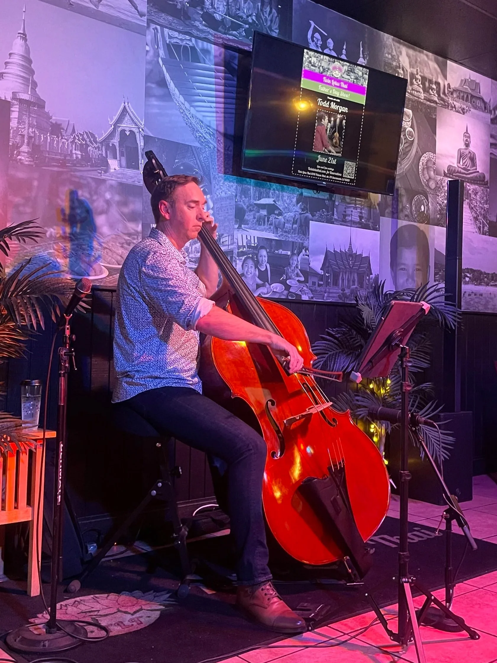 A man playing a double bass on a small stage inside a restaurant or cafe, with a wall decorated with photographs of Asian landmarks and scenery, a music stand, a microphone, and some plants, under dim lighting with a purple hue.