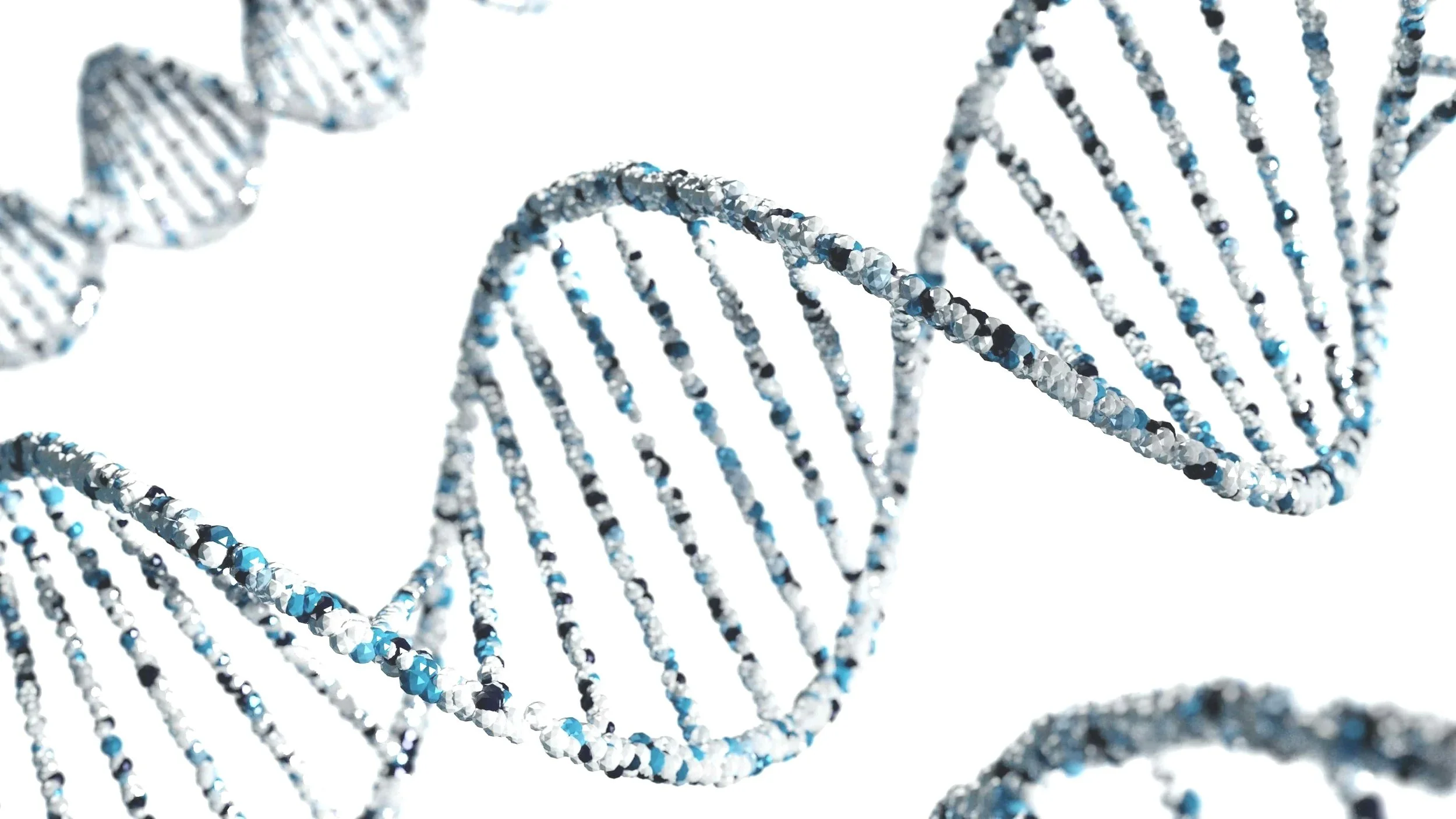 A close-up of a DNA double helix structure made of sparkling blue and silver beads.