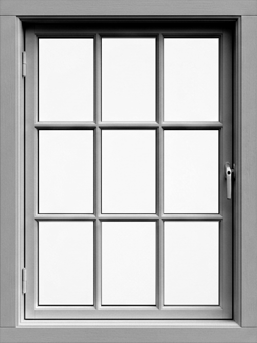 A white, paneled window with nine glass sections, set in a gray frame with a handle on the right side.