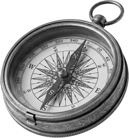 A black-and-white photograph of a compass showing north pointing slightly east.