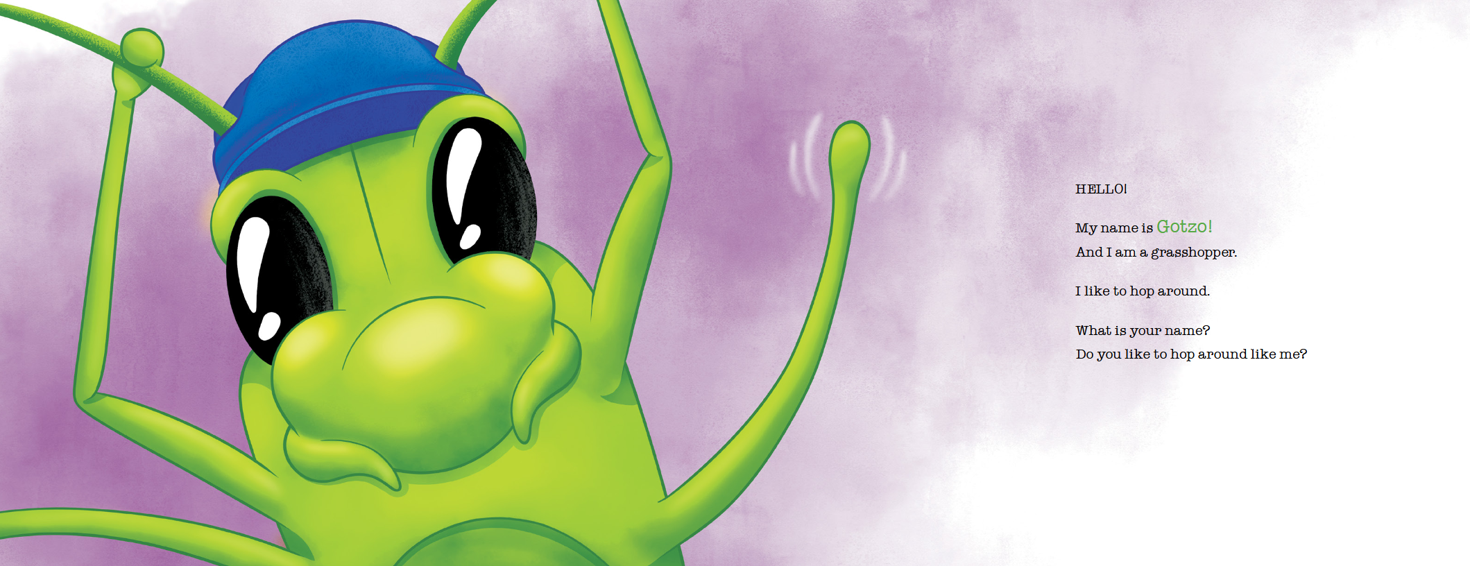 Illustration of a green cartoon grasshopper wearing a blue cap, with large black and white eyes, raising one arm and smiling.