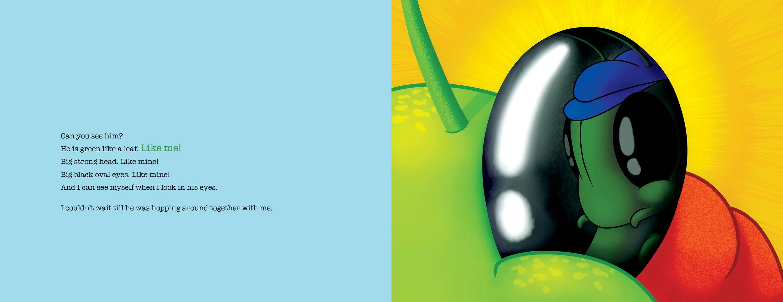 A close up of an illustrated grasshopper's eye showing a reflection of another grasshopper against a bright yellow background. Text on a light blue background describing the scene of the story.