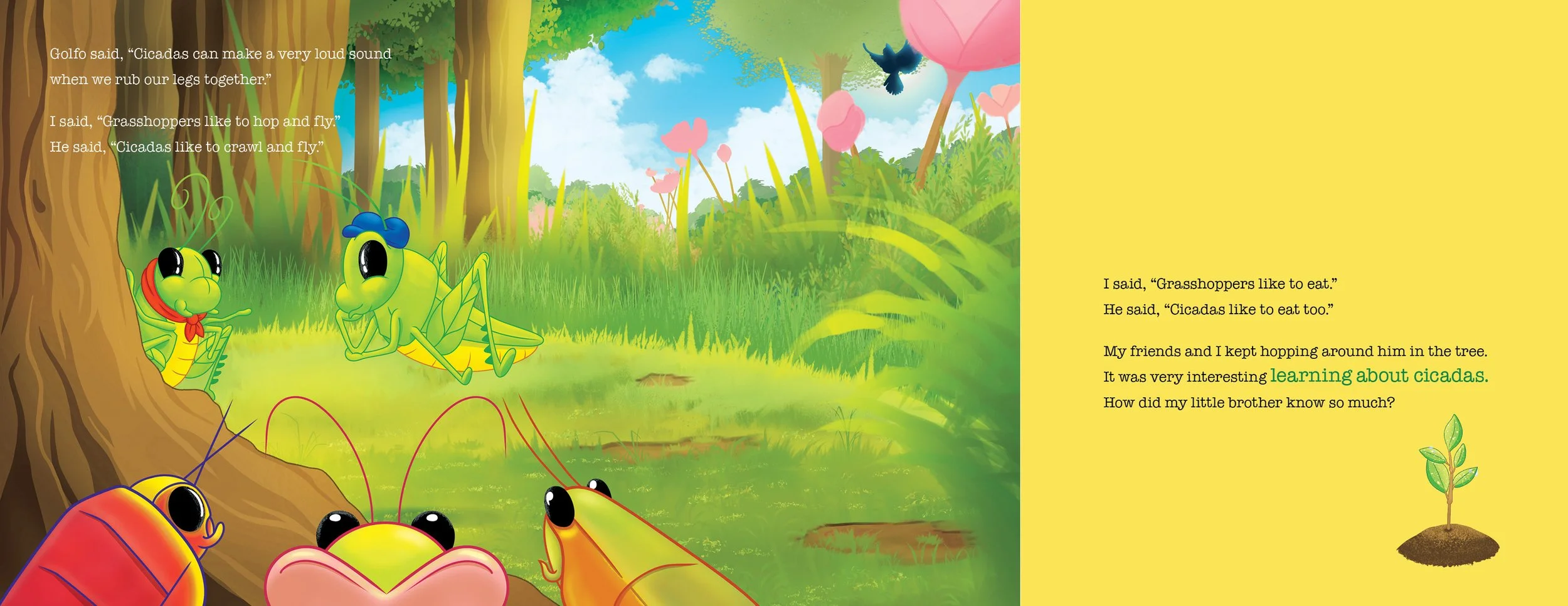 Two cartoon grasshoppers hopping on grass near trees in a colorful forest setting with text from the story on the right with a yellow background.