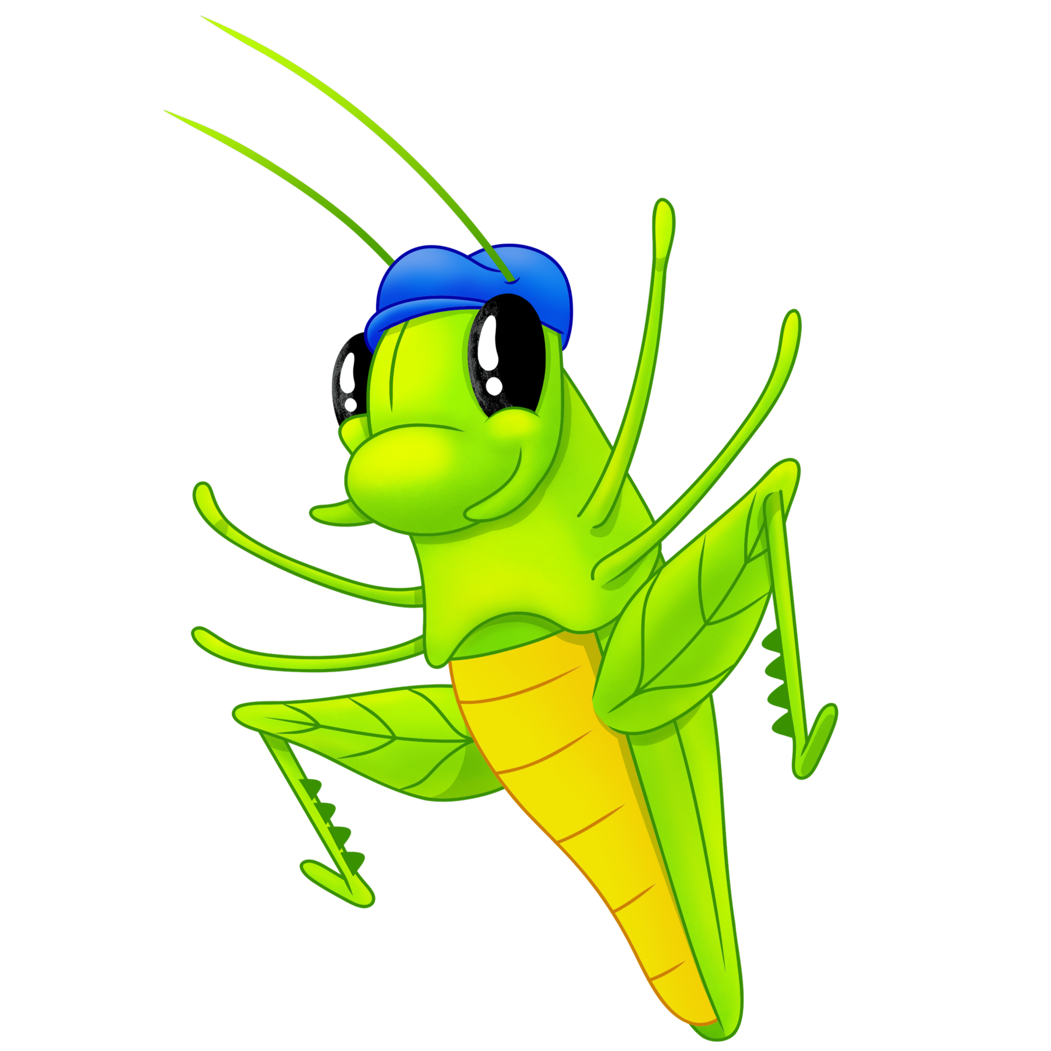 A cartoon depiction of a green insect with large eyes, holding a blue and yellow object in its front limbs, with a black background.