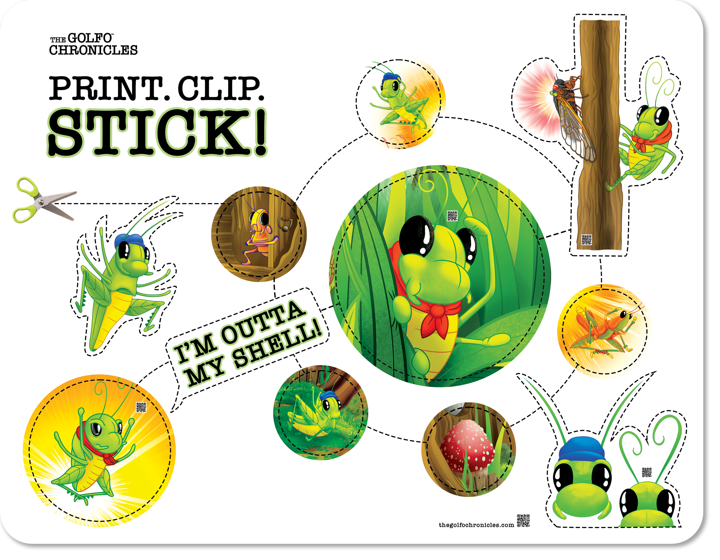 Colorful educational cutout stickers featuring cartoon insects, woodland elements, and playful text, designed for children.