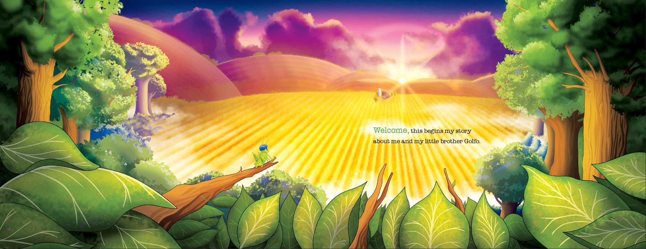 A colorful, animated landscape of a countryside with large green trees, rolling hills, and a bright sunrise. In the foreground, a small cartoon grasshopper sits on a branch, with a field of yellow crops and a peaceful sky with purple clouds in the background.