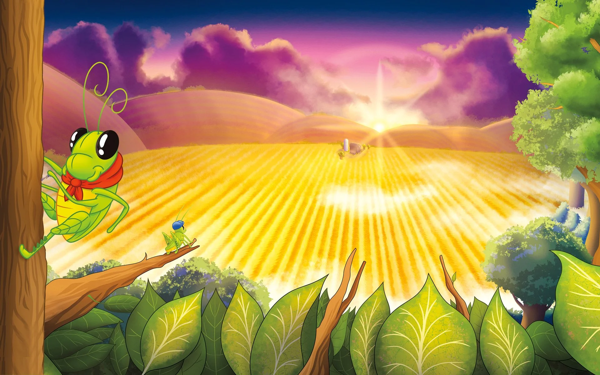 A colorful, animated countryside scene at sunrise with rolling hills, purple clouds, and green trees. Two animated insects, a large green grasshopper with a red scarf peeking from behind a tree and a smaller green insect, are on a tree branch in the foreground. The scene depicts a vibrant morning setting with a golden field and a bright sky.