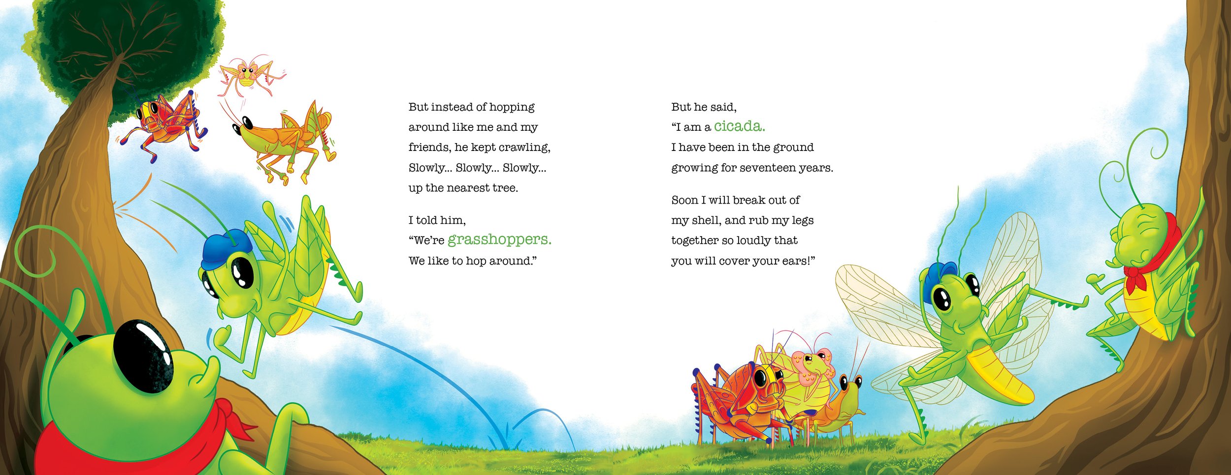 Colorful illustrated scene of grasshoppers in a forest, with trees on either side, with text of the story in the center.