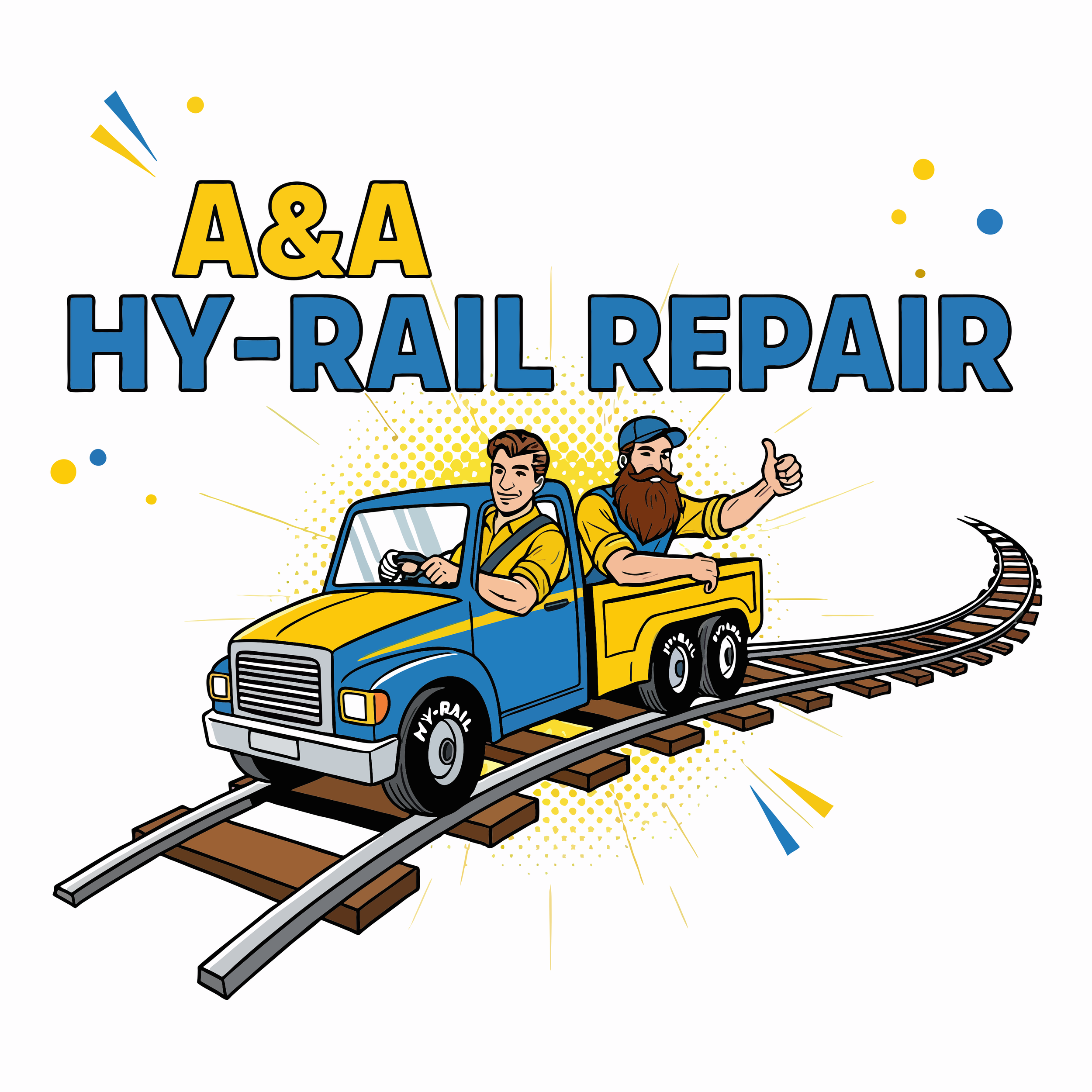 Cartoon image of two men in a yellow truck with blue stripes on the side driving on train tracks with a segment of rail in front of the vehicle. The text reads 'A&A HY-RAIL REPAIR' at the top, with explosion and burst effects around.