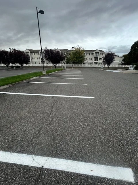 Empty parking lot with white parking space lines, a row of trees, and multi-story apartment buildings in the background under a cloudy sky.