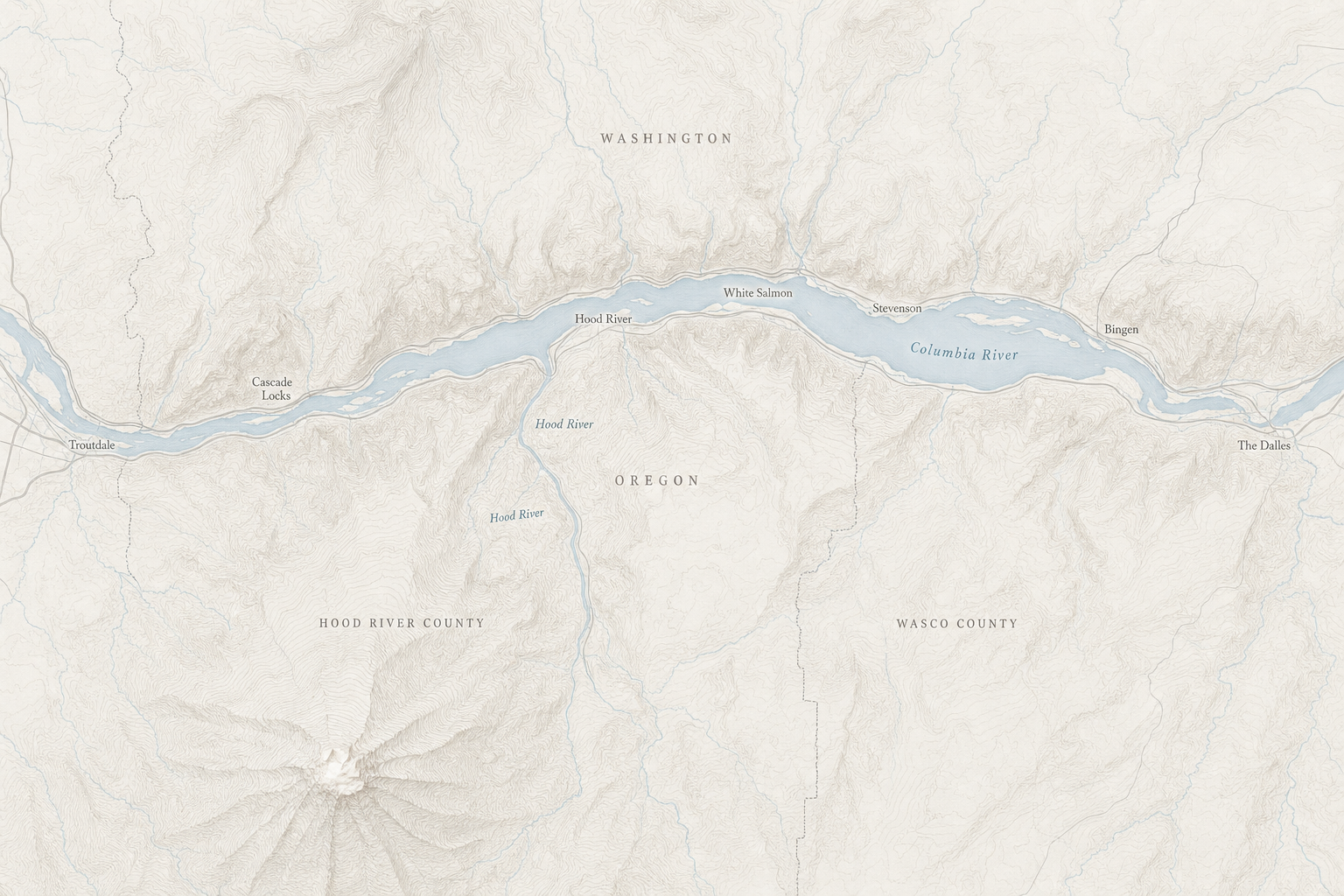 Columbia River Gorge map outlining the Line U Up Striping service area along both the Oregon and Washington sides of the river.
