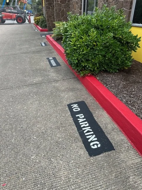 A parking lot with painted black and white stencils on the ground that say 'NO PARKING,' next to a red-painted curb and green bushes.