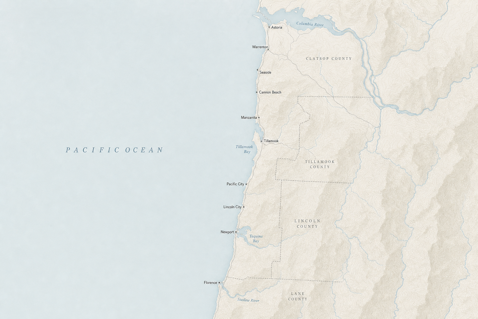 Map of the northern and central Oregon coast service area for Line U Up Striping, covering Astoria, Seaside, Tillamook, Lincoln City, and Newport.
