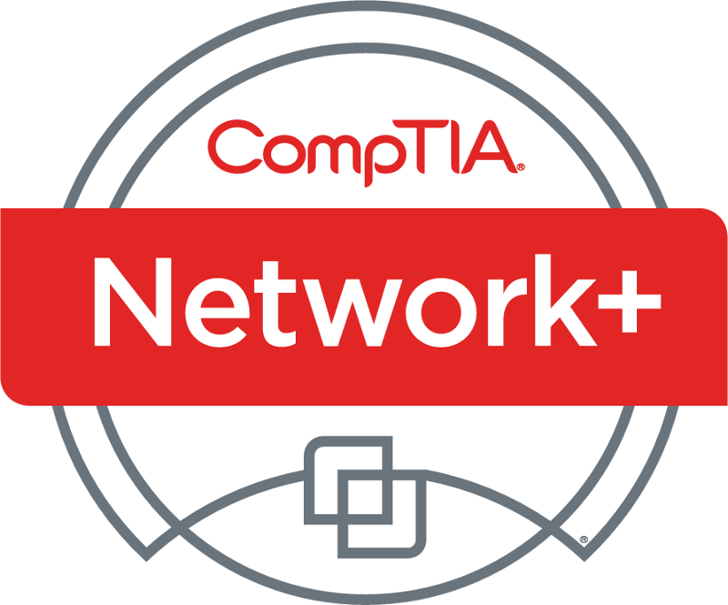 CompTIA Network+ certification badge featuring a circular design, the CompTIA logo at the top, and a red banner with 'Network+' in white text across the center.