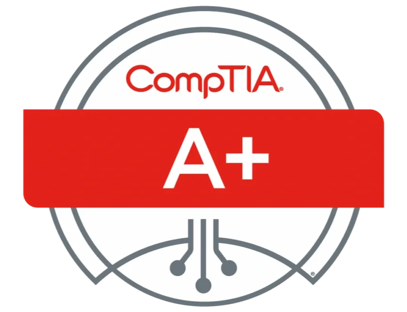 A badge with the logo 'CompTIA' at the top, a large red stripe across the center with 'A+' written on it, and a circuit design at the bottom.