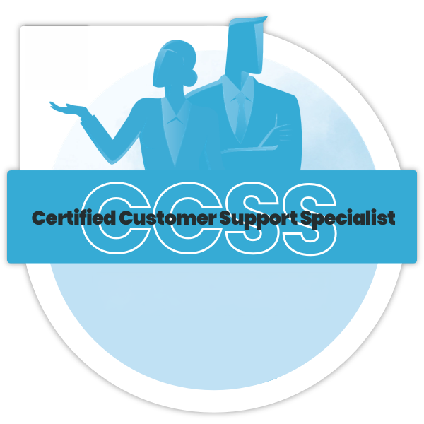 Illustration of a man and woman in business attire with a badge reading 'Certified Customer Support Specialist' and 'CCSS'.
