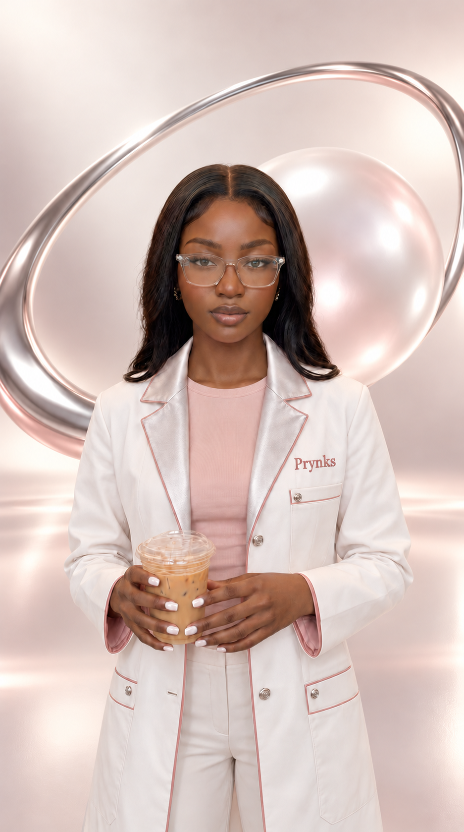 Prynks human–AI interface character in her pearl scientist coat