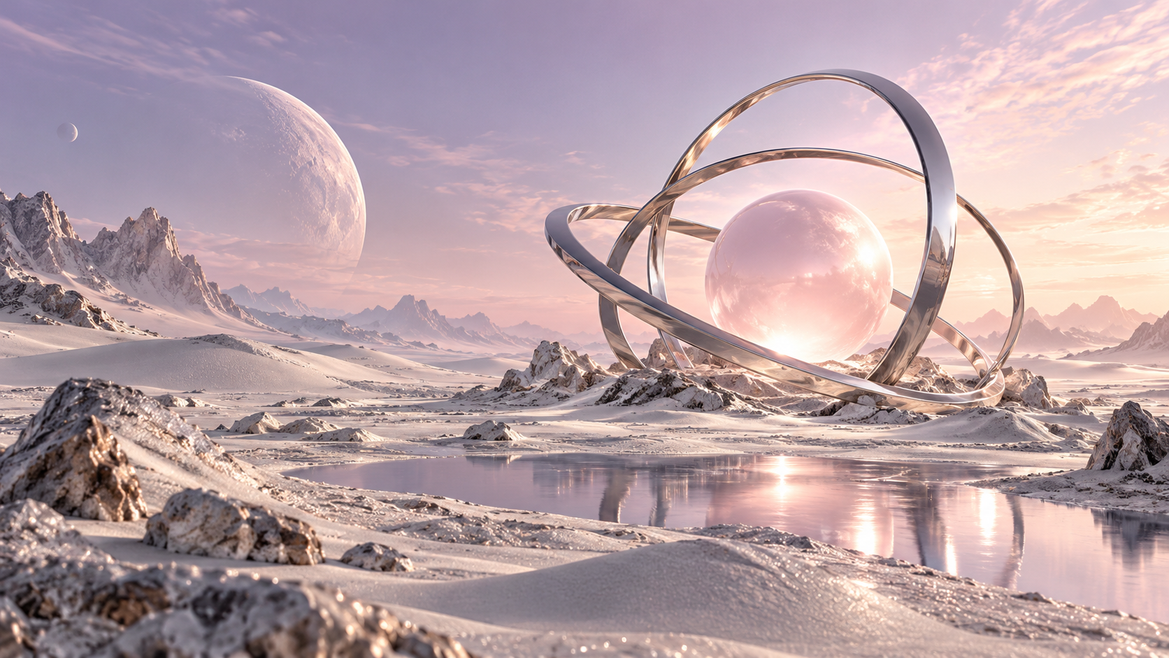 Chrome orbital rings surrounding a blush pearl in the Prynks universe