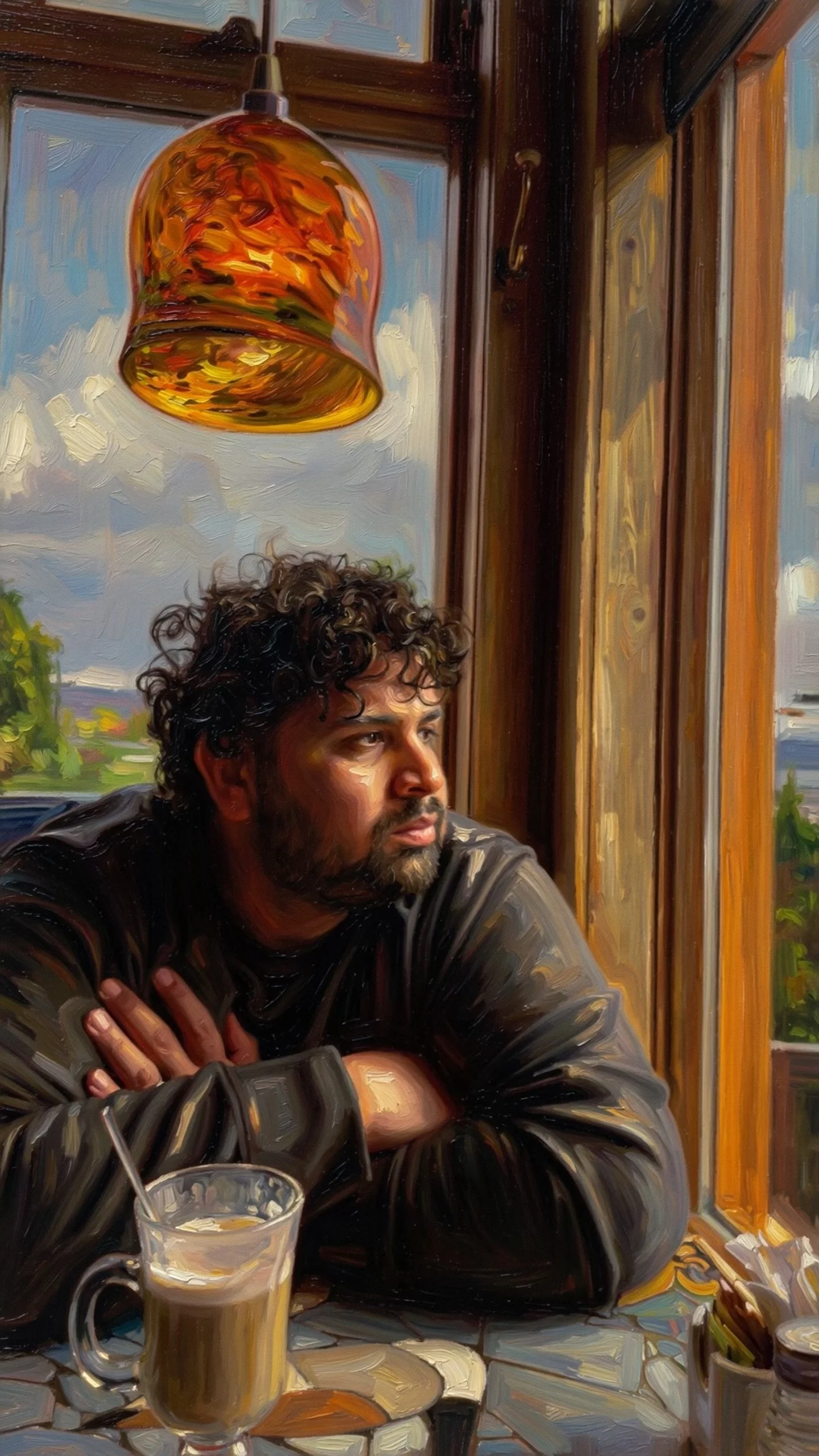 A man with curly hair and a beard sitting by a window with crossed arms, looking outside, with a cup of coffee on the table and a bright orange hanging lamp overhead.