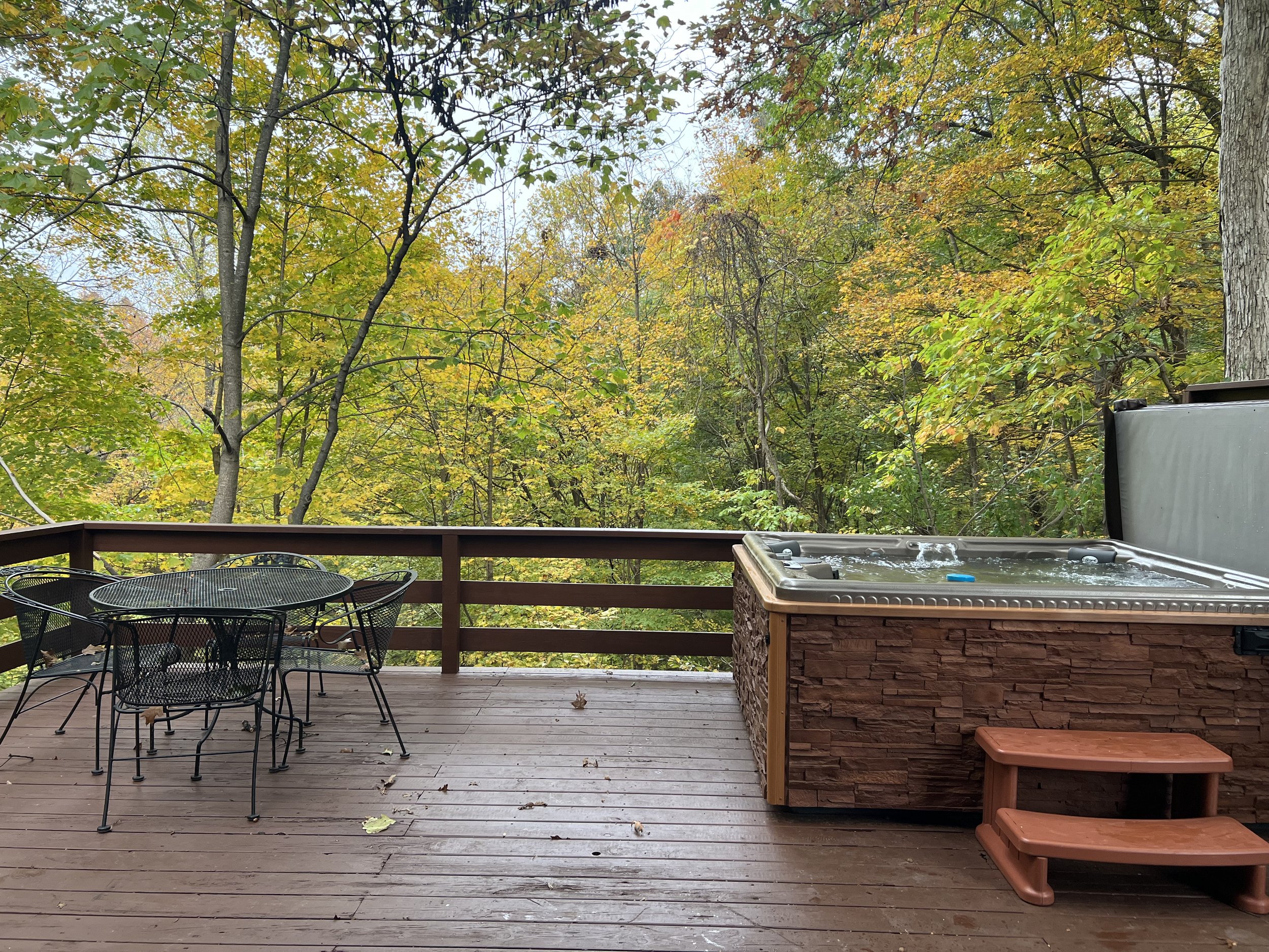 A wooden deck with outdoor furniture, including a black metal table and chairs, and a hot tub with a brick lower exterior. The deck overlooks a lush, green, wooded area with trees showing fall colors, and there are some fallen leaves on the deck.