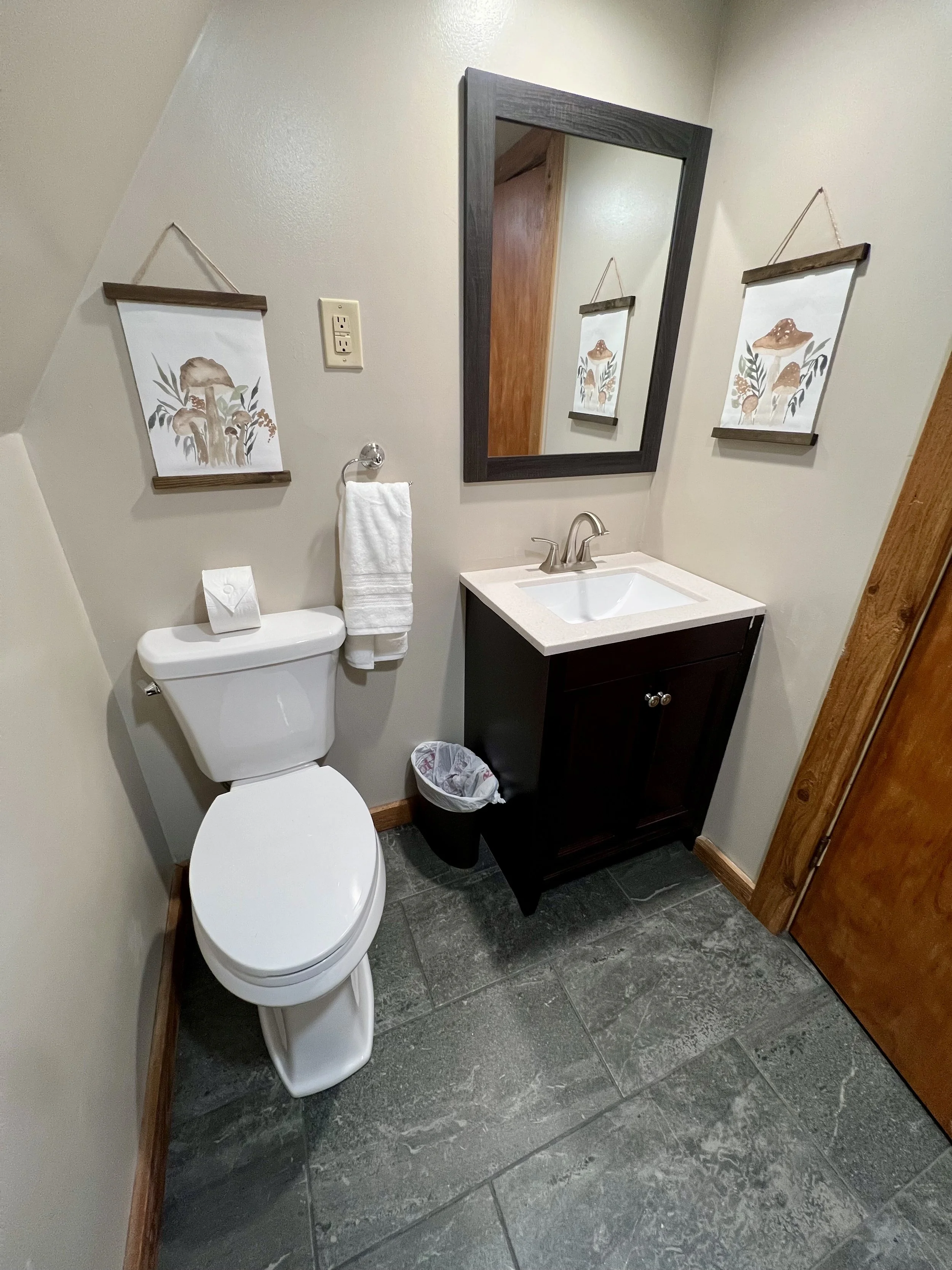Small bathroom with a white toilet, a dark wood vanity with a white sink, a mirror, wall art with mushrooms, a towel hanging, and a waste bin on a dark tile floor.