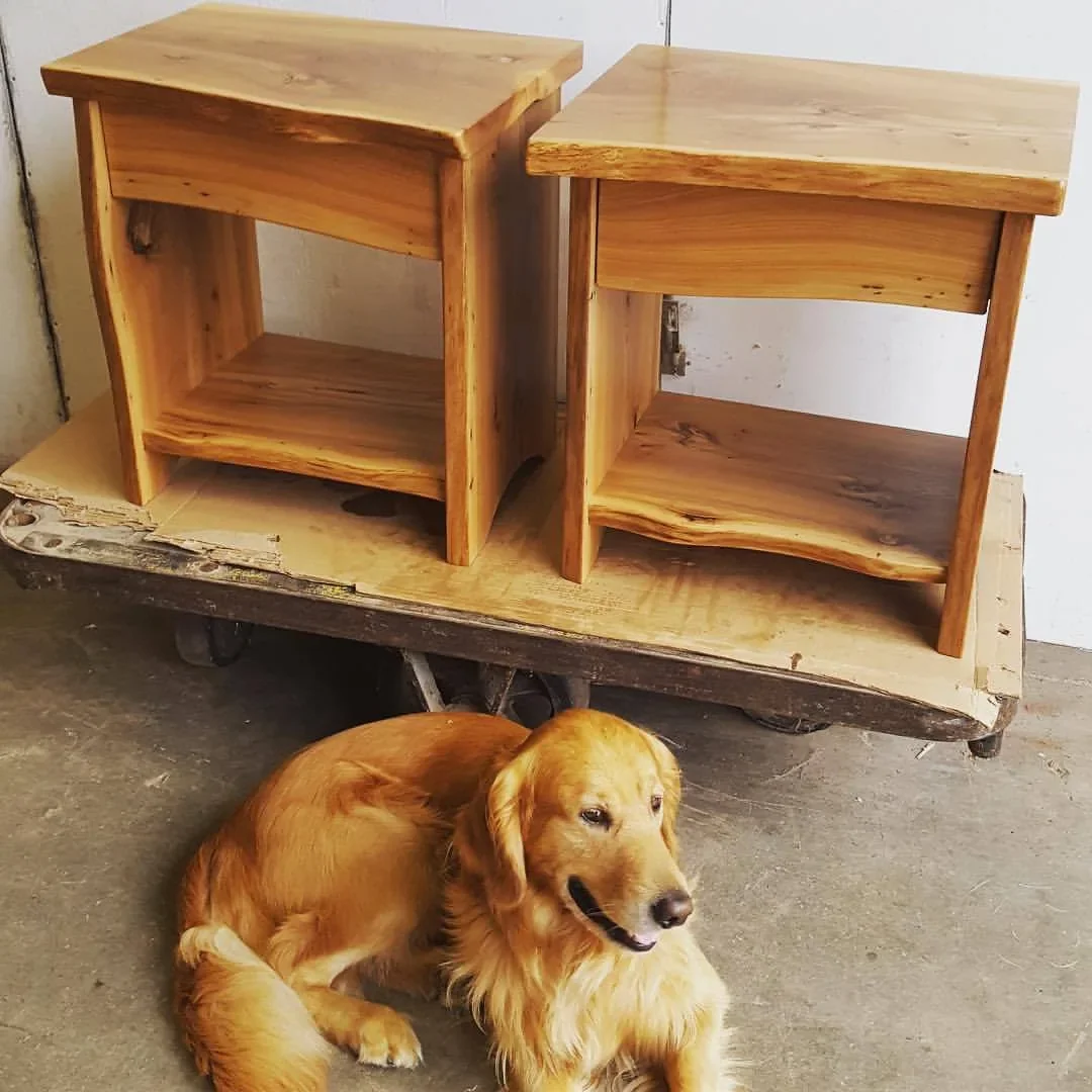 hardwood-nightstands-workshop.webpMatching pair of custom hardwood nightstands with live edge lower shelves, fresh from the Vermont Tree Goods workshop