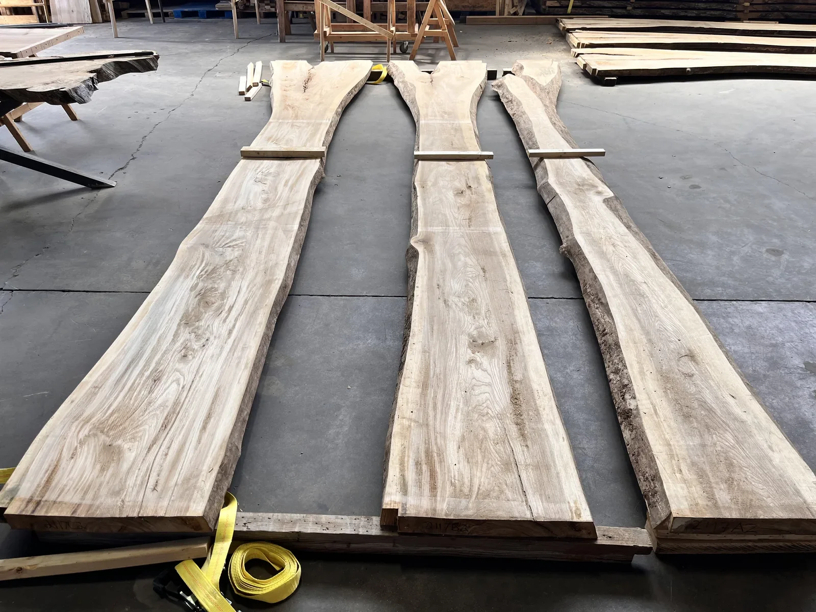 Three live edge hardwood slabs laid out on the showroom floor during the design phase at Vermont Tree Goods